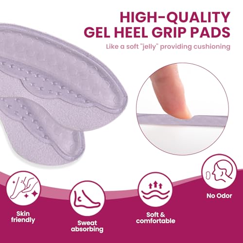Image of Heel Pads Grips for Women Shoes - Bukihome Self-Adhesive Heel Cushion Inserts Prevent Slipping, Rubbing, Blisters, Foot Pain, Improve Shoe Fit - Gel Heel Pads for Shoes Too Big (Purple,6 Pairs)