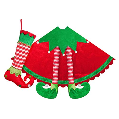 Tangjing 60 Inch Big Size! Elf Christmas Tree Skirt With Candy Striped Legs And Ripple Trim Border For Xmas Elves Themed Decoration, Santa Helper Under Tree Ideas For Holiday Party Décor #TOP4