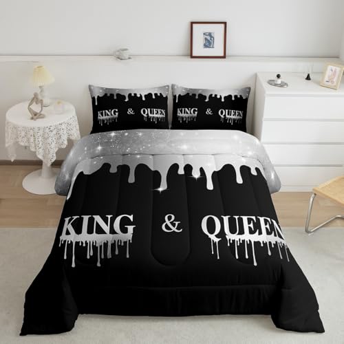 Image of Feelyou Silver Black Mr Mrs Bedding Set Queen King Queen for Couple Man Woman Comforter His and Hers Comforter Set Romantic Duvet Set with 2 Pillow Case