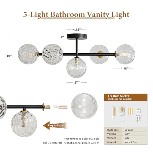 Bathroom Vanity Mirror Light Fixtures: Dimmable 5 Lights Bath Wall Sconce Lighting - Brass Black Vanity Lights with Hammered Clear Glass Shade - Modern Minimalist Makeup Light Above Mirror G9 Base by Feasey - Used condition - Image 2