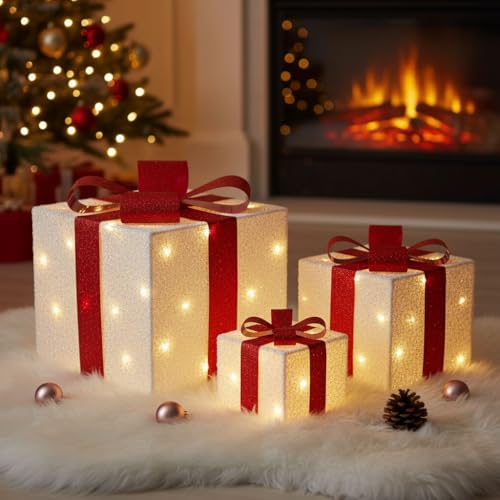 Image of Taylor & Brown Set of 3 Light Up Boxes Gift Parcel Lights Indoor Xmas Decorations for Tree Battery Powered with 50 Warm White LED Lights, White Flash Cloth with Red Ribbon