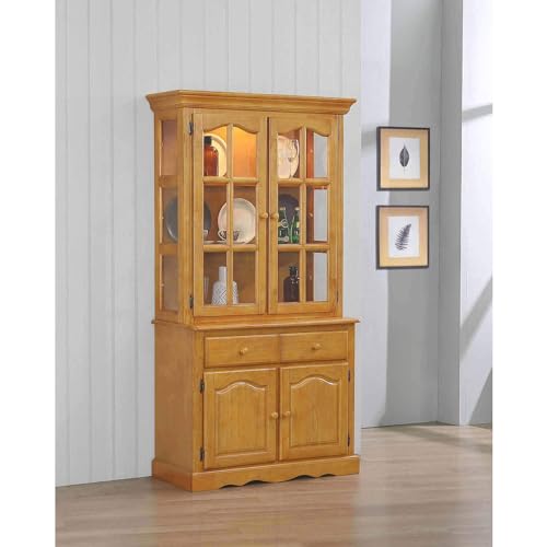 HomeStock 38" W China Cabinet with Glass Doors, Buffet and Lighted Hutch W Shelves and Drawer, Rustic Romance Dining Room Country Kitchen Display Storage, Light Oak Black Wood