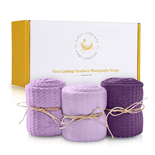 First Landings Swaddle Blankets 3-Pack - Premium Soft Knit Baby Wrap Receiving Blankets - 16" X 64" Baby Blankets - Newborn Photography Props - Gender Neutral Boy And Girl Baby Essentials (Purple) #TOP1