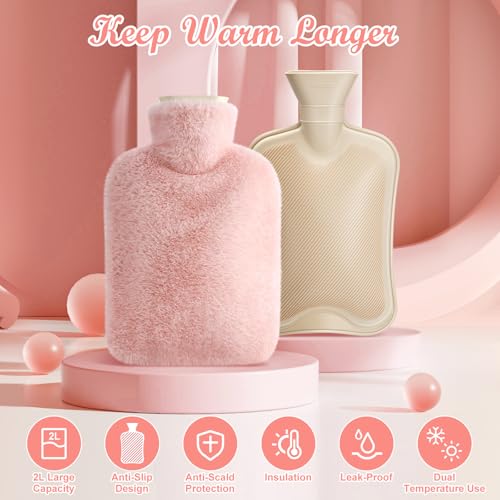 URBZUE Hot Water Bottle, Hot Water Bottles with Fluffy Cover UK, 2L Leakproof Large Hot Water Bag for Cold & Hot Compress - Image 2