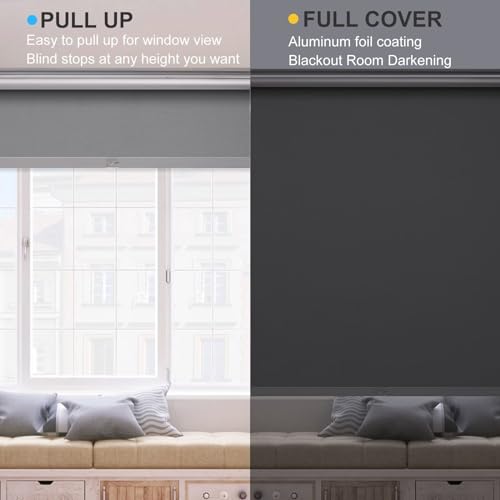 MYshade Free-Stop Cordless Roller Shades for Windows Room Darkening Roller Shades & Blinds Same Color Both Sides Fabric Pull Down Shade for Home Office Indoor Easy to Install Grey(27\" W X 72\" H) - Thumbnail 4