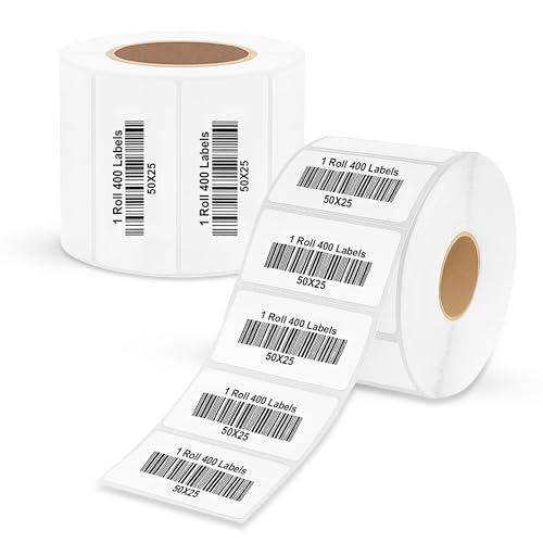Image of GLUN 50x25mm Thermal Sticker Labels (2x1 Inch) - 400 Labels /Roll, Pack of 2 (800 Labels Total), Direct Thermal Barcode & MRP Label Roll for Small Thermal Printers, White