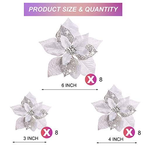 Willbond 36 Pieces Christmas Glitter Poinsettia Artificial Flowers Christmas Flowers Decorations Wedding Xmas Tree New Year Ornaments (Silver, Double Layer Hollow Style) #TOP1