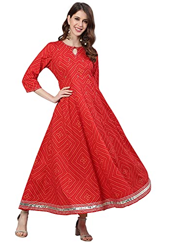 Image of ishin Women's Cotton Anarkali Embellished Gotta Patti Bandhani Print Red Kurti