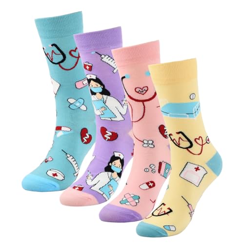 Eclove 4 pares de meias divertidas unissexo com design dental, meias de algodão coloridas na meia perna, presente original para dentistas, higienistas e funcionários de saúde, tamanho 36-46