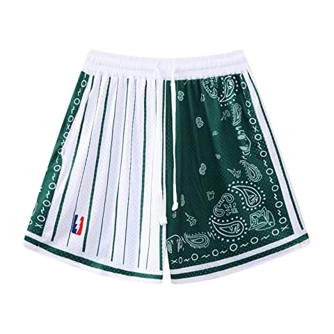 BOOMLEMON Men's Basketball Shorts Workout Athletic Paisley Shorts Mesh Print Running Short Pants(White Green M) Cover