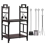 Outvita 2 Tier Firewood Log Rack, Iron Lumber Storage Holder, Wood Pile Stacker Organizer for Indoor Outdoor Fireplace Fire Stove Pit With 4 Fire Tools Hanging Hooks Christmas Elements Brown