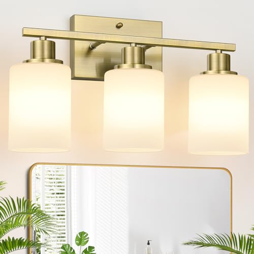 Image of MOKATNG 3-Light Bathroom Light Fixtures, Aged Brass Vanity Light with Milky White Shades, Bathroom Lighting Fixtures Over Mirror, Modern Bathroom Wall Lamp for Mirror Living Room Cabinet Bedroom