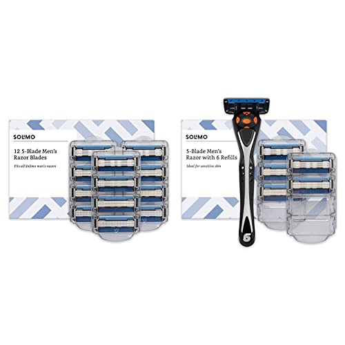Produktfoto von Amazon-Marke: Solimo 5-fach-Klingen für Herrenrasierer (12 Stück) & Solimo Herrenrasierer mit 5-fach-Klinge + 6&hellip;