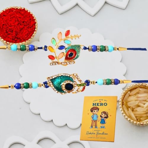 Great Art Raksha Bandhan Rakhi Set with Roli Chawal or Fridge Magnet Card for Brother | Designer Beaded Rakhi Combo Pack-FM115