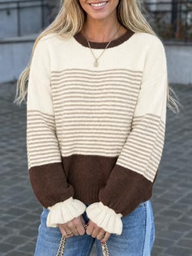Saodimallsu Womens Striped Ruffle Sleeve Pullover Sweaters 2026 Fall Trendy Slouchy Color Block Preppy Sweater Tops Coffee — view 2