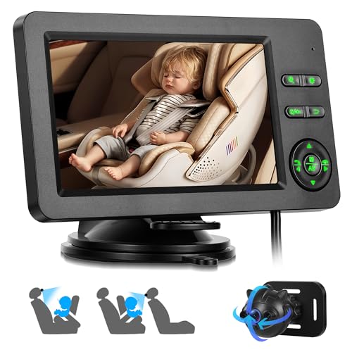 Rimoody Cámara de Coche para Bebé, Espejo de Coche para Bebés para el Asiento Trasero con 4,3 Pulgadas IPS Monitor, Visión Nocturna IR, Manos Libres y Música Bluetooth, Iluminación de Siete Colores