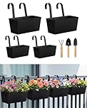 4 Pack Metal Hanging Flower Pots, Balcony Planters for Railing, Iron Hanging Plant Pots for Fence, Railing & Balcony, Includes 3-Piece Mini Garden Tools Set, Black