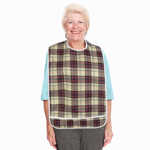 Shorewood Medical Adult Bib for Eating, Waterproof Clothing Protector with Crumb Catcher. Machine Washable (Medium, Burgundy Plaid)