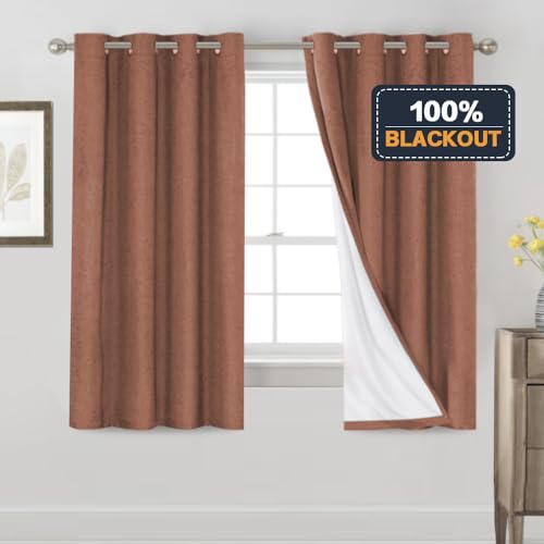 Image of PrinceDeco Thick Linen Blend Curtains 100% Blackout Curtains 64 inch Long 2 Panels Set for Bedroom Nursery Living Room Full Blackout Window Draperies with White Liners 42 inch Wide,64 inch Length,Washed Spice
