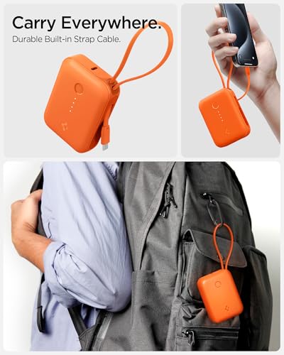 Image of Spigen ArcPack 10000mAh Power Bank with Built-in USB-C Cable,30.0W Fast Charging, 1 Type-C Cable, 1 Type-C Port, 1 USB-A Port - (ABS + PC | Spigen Orange)