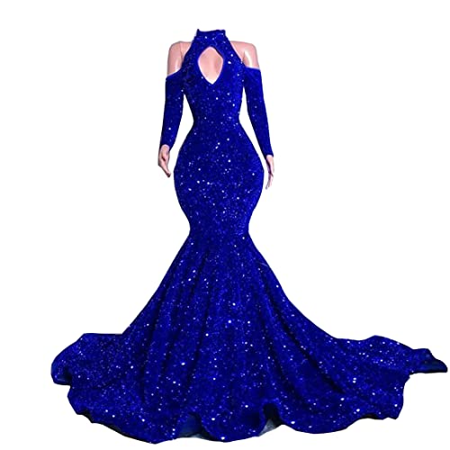 Keting Royal Blue Halterneck Mermaid Sequined Prom Evening Shower Party Dress Celebrity Pageant Gown for Wedding
