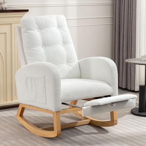 Image of ZKZLAT Rocking Chair with Foot Rest, Teddy Upholstered Arm Glider Rocking Chair with Retractable Footrest Rubber Wood Legs Side Pocket High Back & Wide Seat Nursing Chair for Living Room (White)