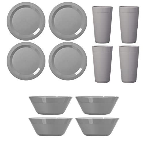 Us Acrylic Newport Plastic Plate, Bowl And Tumbler Dinnerware Set For 4 In Grey Stone | 12-Piece Drinking And Dining Set | Reusable, Bpa-Free, Made In The Usa, Top-Rack Dishwasher Safe #TOP5