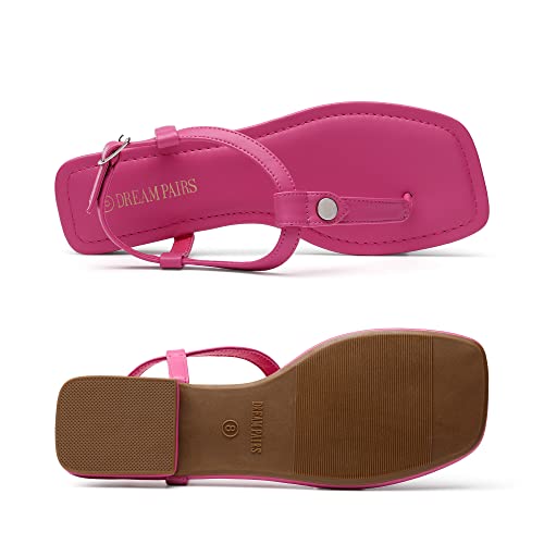 DREAM PAIRS DREAM PAIRS Women's T-Strap Thong Flat Sandals with Cute Square Toe Strappy for Summer,Size 5,Hot Pink,SDFS2301W