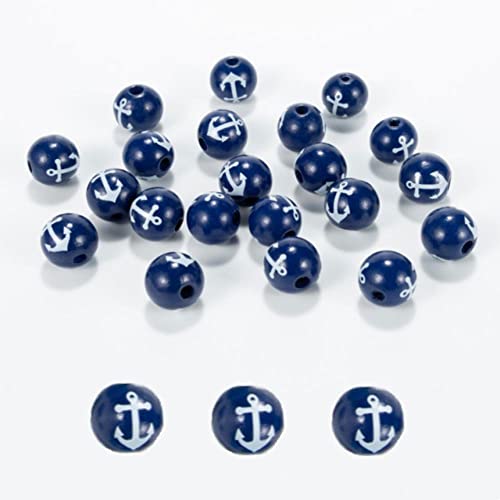 50 Pieces Summer Beads Ocean Beads Anchor Wood Beads Anchor Prints Wooden Beads Nautical Style Spacer Beads Round Loose Beads for DIY Crafts Handmade Home Decorations