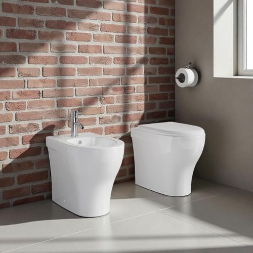Yellowshop - PRATICA Set coppia sanitari water e bidet a terra filomuro in ceramica bianca con coprivaso soft-close Made in Italy