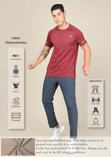 Image of TECHNOSPORT Men's Melange Slim Fit Round Neck T-Shirt Double Cool Raglan Sleeve Slip On Polyester for Gym Running Workout UPF50+ Anti Odour