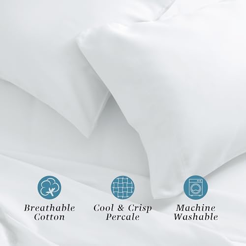Welhome 100% Cotton Percale 4-Piece Queen Size Solid Bed Sheets Set, 1 Fitted, 1 Flat Sheet with 2 Pillowcases, White - Thumbnail 5