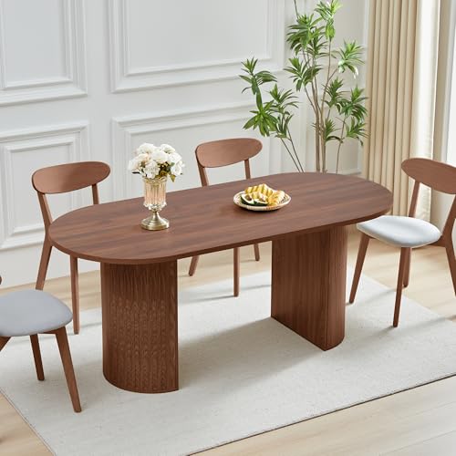 Image of 70.8 Inch Dining Table for 4-6 People, Oval Kitchen Table with Semi-Cylindrical Legs Base, Modern Farmhouse Round Dinner Tables for Dining Room Kitchen Living Room (Walnut)