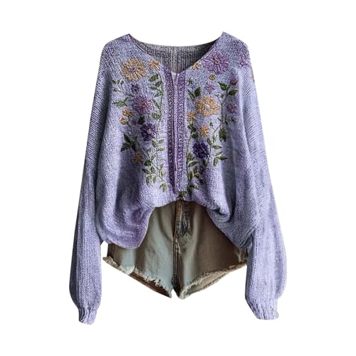 Womens Floral Blouse Long Sleeve,Womens V Neck Boho Tops 2025 Fall Trendy Long Sleeve Colorful Pullover Sweater Lightweight Vintage Ethnic Tunics Argyle Jacquard Blouses sueters de Mujeres Elegantes
