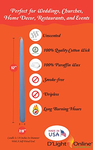 D'light Online Elegant Unscented Light Blue Taper Premium Quality Candles Hand-Dipped, Dripless And Smokeless - Set Of 12 Individually Wrapped (12 Inch, Light Blue) #TOP1