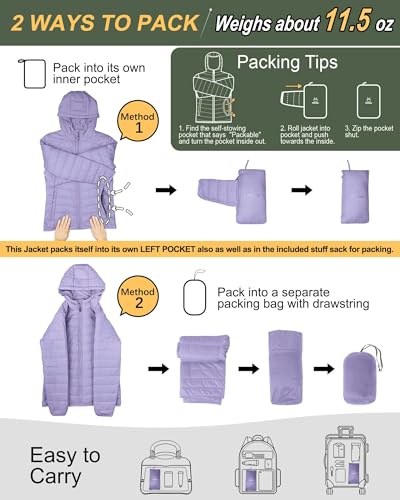 Image of Outdoor Ventures Women's Packable Lightweight Full-Zip Puffer Jacket with Hood Quilted Winter Coat