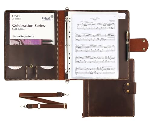 Handmade Leather Sheet Music Folder, 3-Ring Choir Binder with Clear Sheet Protectors, Premium Leather Portfolio for Music Organizer & Office Use - Coffee