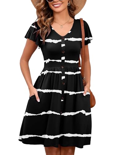 Image of Heymoments Women's Ruffle Sleeve V Neck Swing Sundress Summer Casual A-Line Midi Dress with Pockets S-2XL
