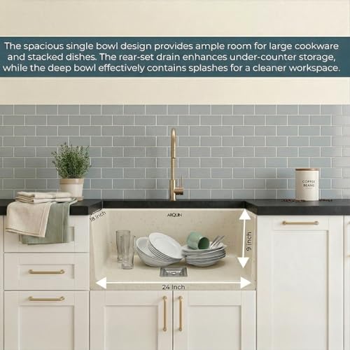 Image of ARQUIN Quartz Kitchen Sink 24x18x9 Inch Rosa | Single Bowl Sink | Durable & Scratch-Resistant | Undermount /Topmount Including Coupling, Waste Pipe & Fruit Washing Basket