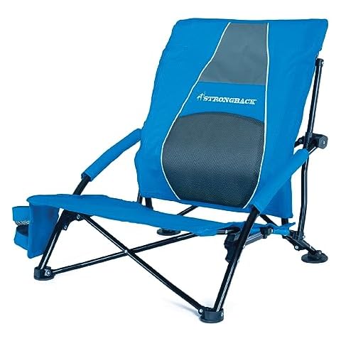 STRONGBACK Low Gravity Beach Chair with Built-in Lumbar Back Support, Heavy Duty Portable Folding Beach Chair for Adults, Blue Cover
