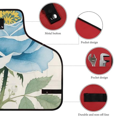 Delantal para trabajo con diseño de flores azules y 8 bolsillos miniatura 3