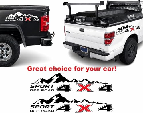 Image of 4x4 Off Road Sport Truck Decal Stickers 2PCS - Premium Vinyl Side Graphics for Pickup Bed - Compatible with Tacoma, Tundra, F150, RAM, Wrangler - Black & Red - Includes Squeegee (Mountain Sport)
