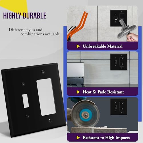 Image of ENERLITES Combination Toggle Light Switch /Decorator Light Switch Plate, Double Switch Wall Plate, Mid-Size 2-Gang 4.88 inch x 4.92 inch, Polycarbonate Thermoplastic, 881131M-BK, Black, 2 Pack