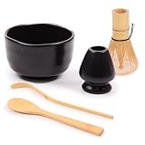 BambooMN Matcha Bowl Set (Includes Bowl, Rest, Tea Whisk, Chasaku & Tea Spoon) 1 Set Black