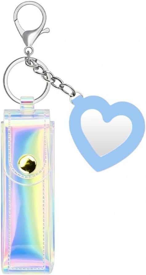 YALLNASL Pu Leather Lipgloss Keychain with Mirror Lip Balm Keychain for Women Girls Cute Heart Purse Charms for Handbags Bags
