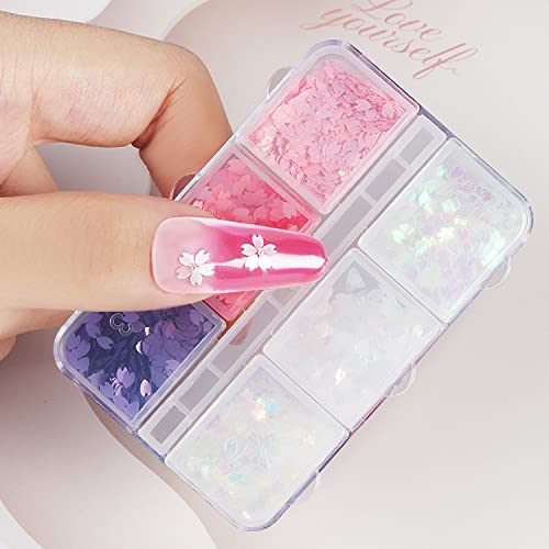 6 Colors Flowers Nail Art Glitter Sequins Cherry Blossoms Nails Accessories 3D Holographic Sakura Petal Nail Glitter Flakes Design Acrylic Nail Art Supplies for Women Girls Summer Nail Decoration - Thumbnail 5