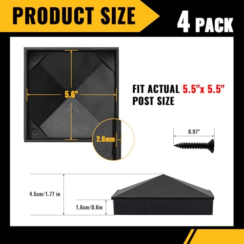 Image of VIVIDA 6x6 Aluminum Post Caps(Actual 5.5 inch x 5.5 inch), Black Metal Fence Post Caps with Waterproof Matte Powder Coated, for Wooden Fence, Deck, Mailbox, Patio, Screw & Driver Bit Included, 4 Pack