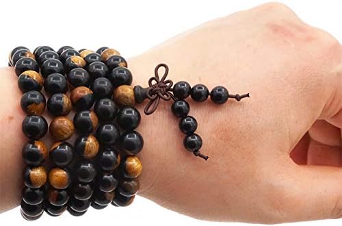 8MM 108 Prayer Beads Mala Bracelet, Black yin and yang sandal Wood Tibetan Buddhist Buddha Meditation Necklace mala bracelet