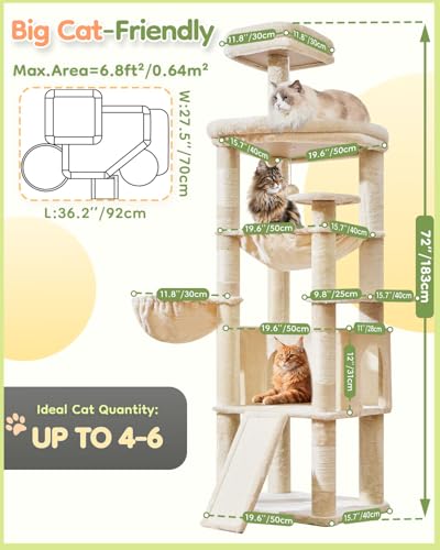 Taoqimiao Rascador para Gatos Grandes, 183cm Arbol Rascador para Gatos com Plataformas Grande, Espacioso Cuevas, Cesta, Hamaca MS045T Verde - imagen 2