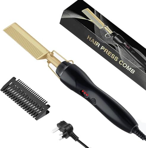 Hot Comb for Women Wigs Afro Hair, Electric 2 in 1 Hair Straightener Hot Brush for Hair Styling, Hot Comb Beard Straightener Electric Pressing Comb, Gold & Black